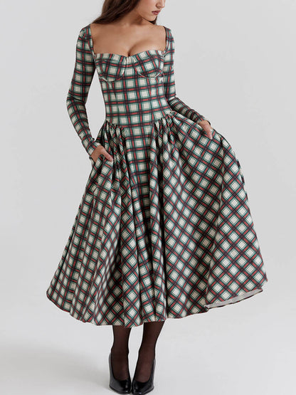 Women Midi Dress Plaid Cotton | Lillith-4