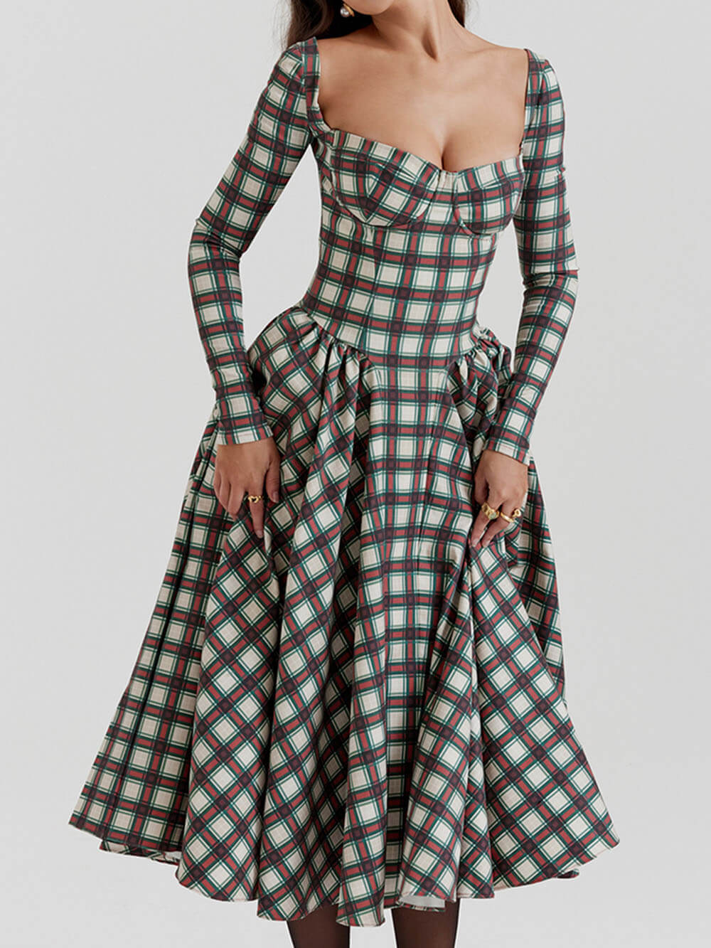 Women Midi Dress Plaid Cotton | Lillith-2