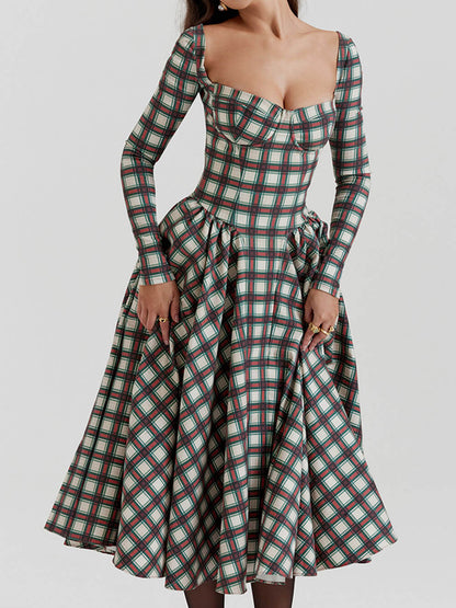 Women Midi Dress Plaid Cotton | Lillith-2