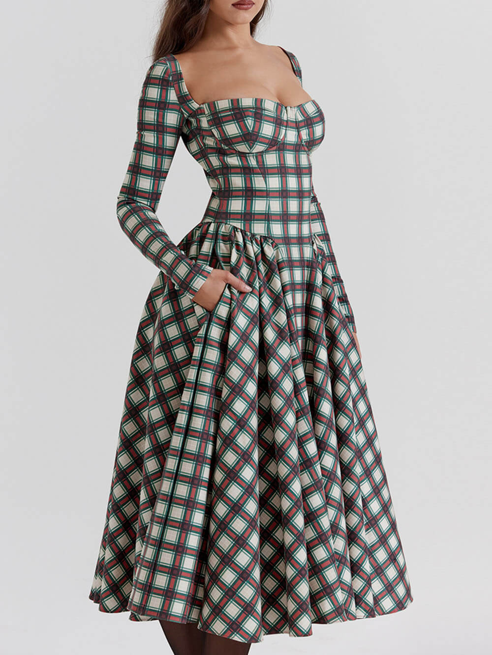 Women Midi Dress Plaid Cotton | Lillith-5