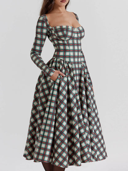 Women Midi Dress Plaid Cotton | Lillith-5