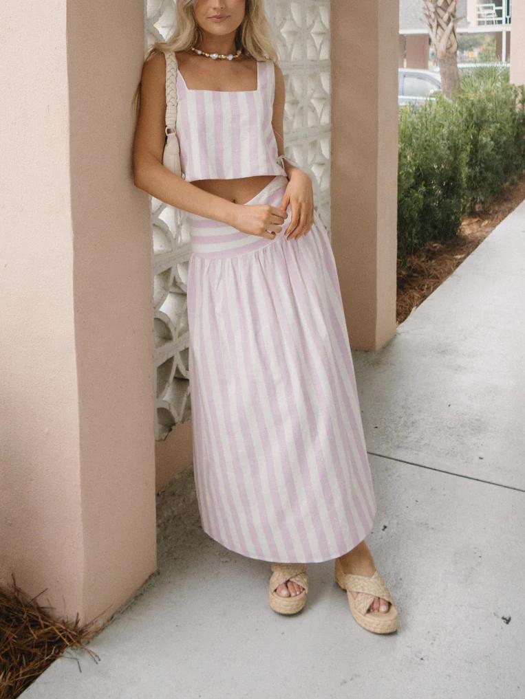 Variant image for Women Two Piece Skirt Set Pink Striped Linen-Cotton Blend | Bella-1