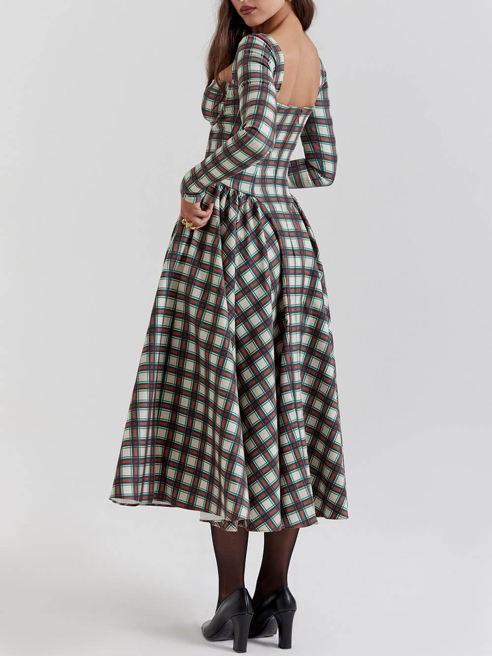 Women Midi Dress Plaid Cotton | Lillith-6