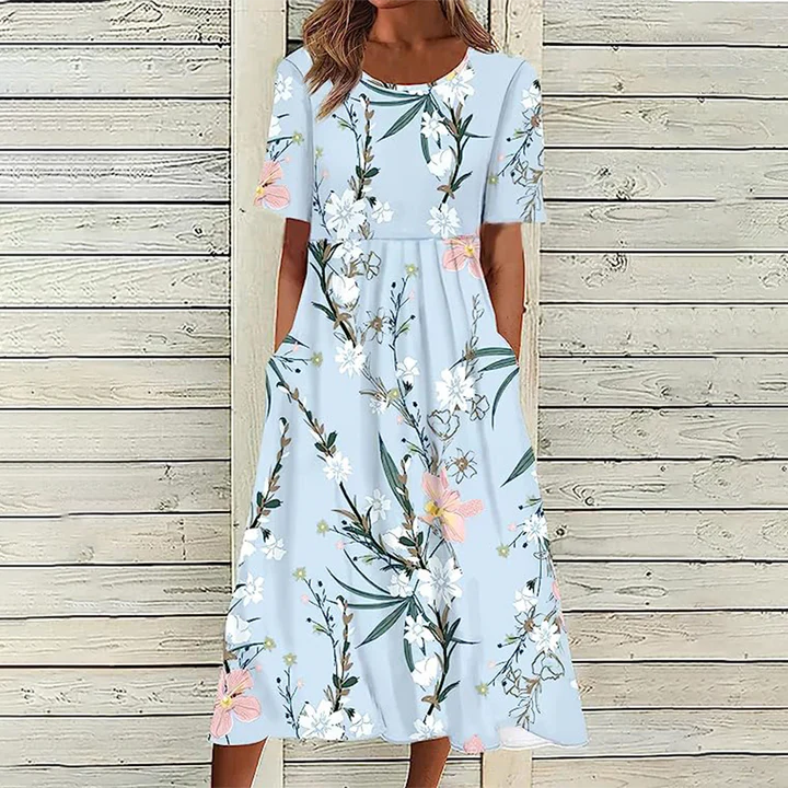 Floral Print Short Sleeve Dress with Pockets | Amelia