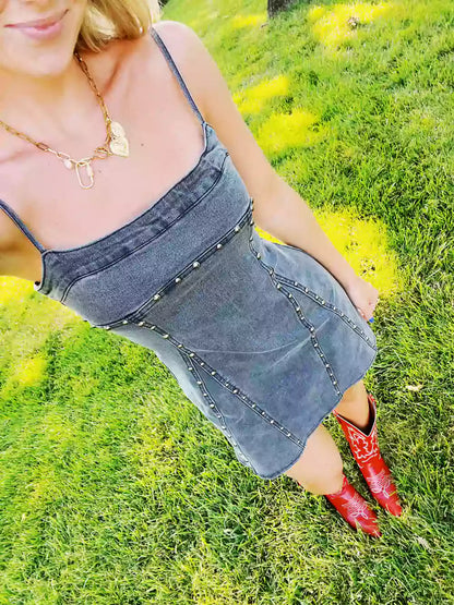 Women Mini Dress Blue Denim | Halina-3