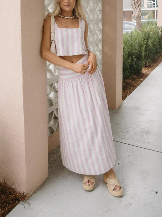 Women Two Piece Skirt Set Pink Striped Linen-Cotton Blend | Bella-1
