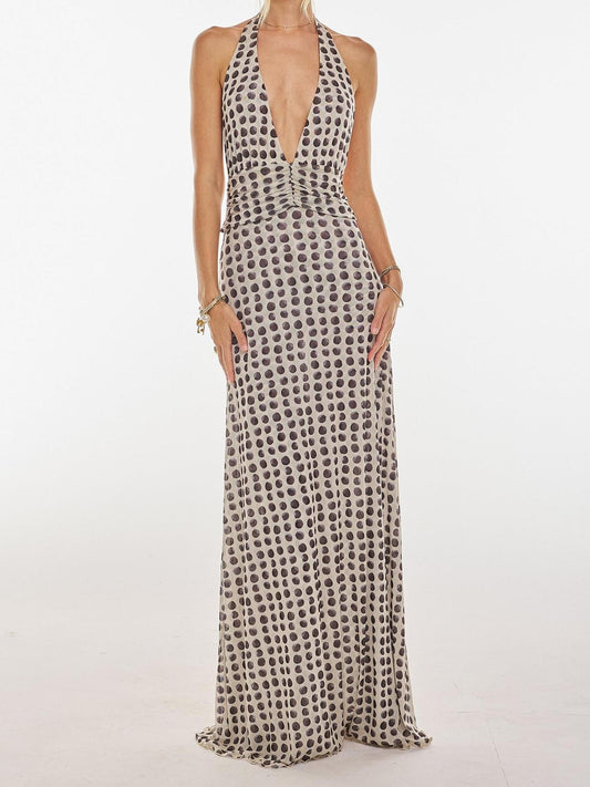 Women Maxi Dress Black Polka Dot Polyester | Bella-1