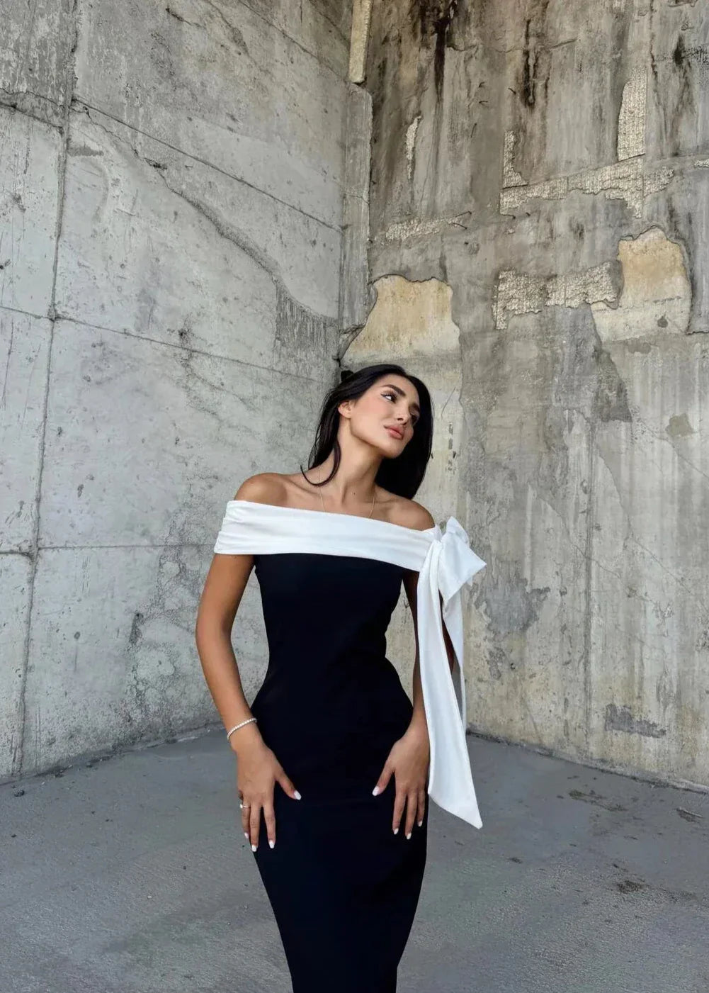 Off-Shoulder Bow Midi Dress | Lyriel