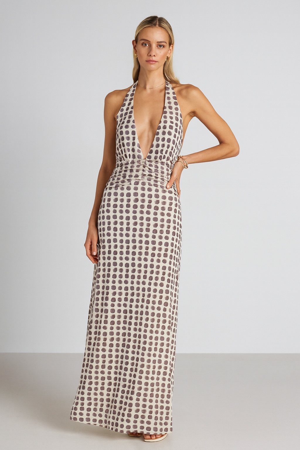 Women Polka Dot Deep V-Neck Maxi Dress | Adalira
