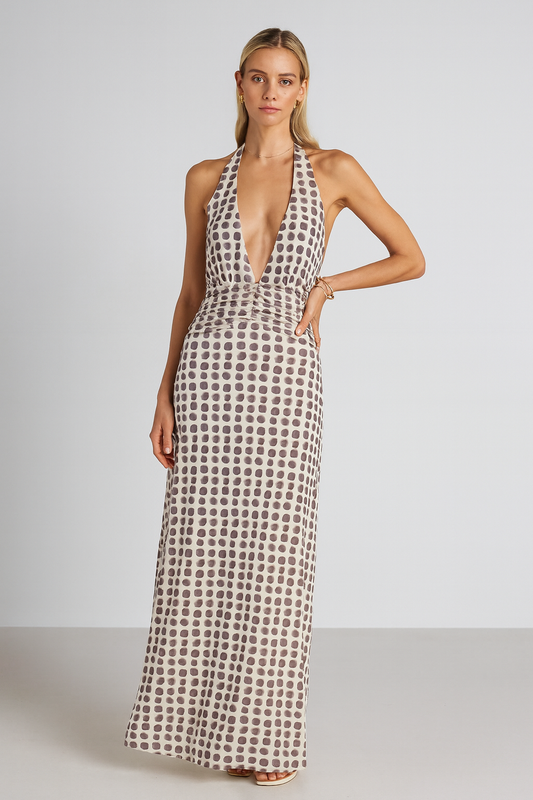 Women Polka Dot Deep V-Neck Maxi Dress | Adalira
