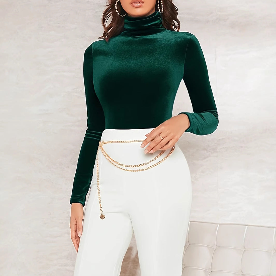 Women Turtleneck Top Dark Green Polyester | Elegant Style-3
