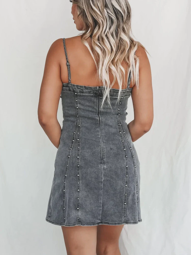 Women Mini Dress Blue Denim | Halina-6