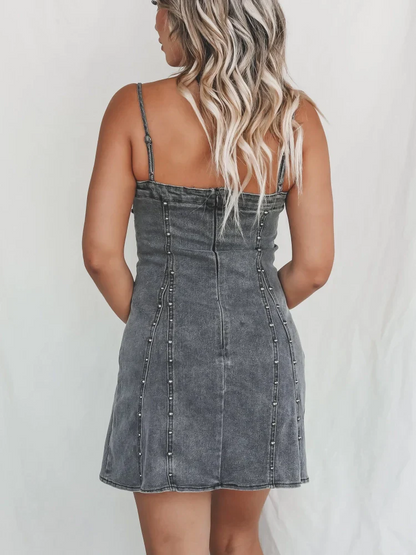 Women Mini Dress Blue Denim | Halina-6