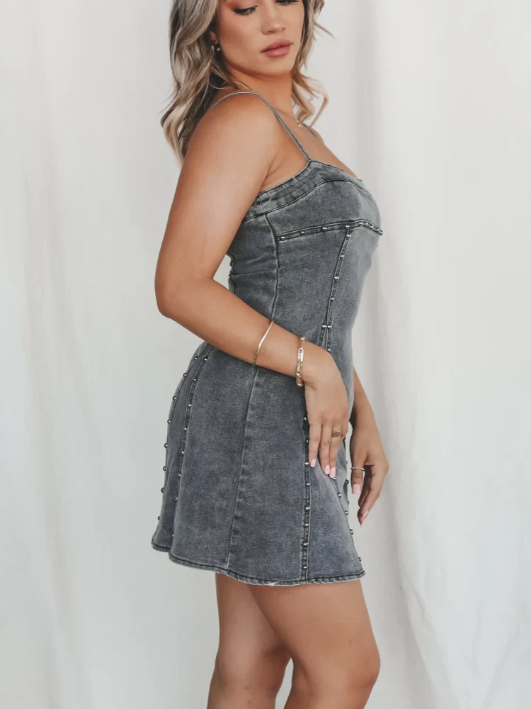 Women Mini Dress Blue Denim | Halina-5