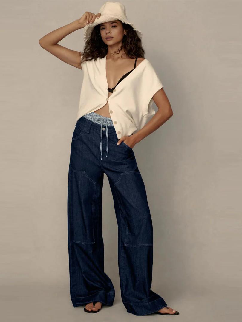 Women Low Rise Wide Leg Jeans Blue Cotton | Myra-3