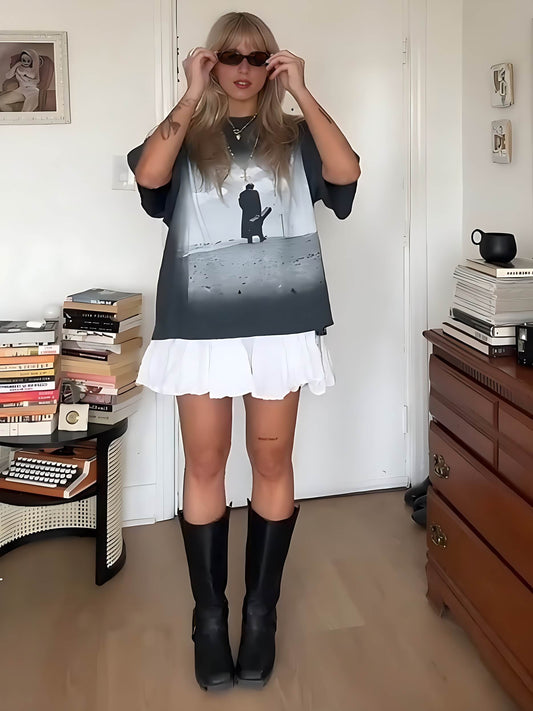 Women Mini Dress Ivory Cotton | Johnny Cash Tribute-1