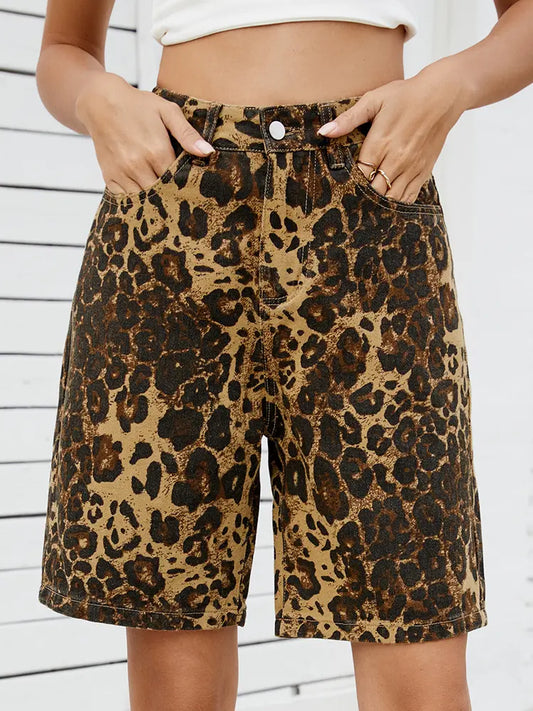 Women Denim Shorts Leopard Print Slimming | Retro Chic-1