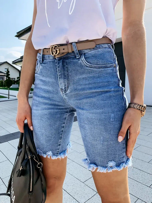 Women Denim Shorts Blue Distressed Cotton | Summer Vibes-1