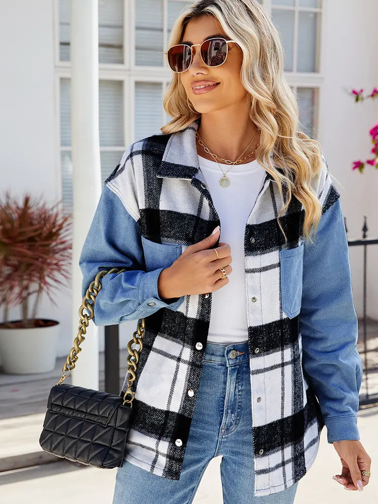 Variant image for Women Denim Jacket Black and White Plaid | Trendsetter-1