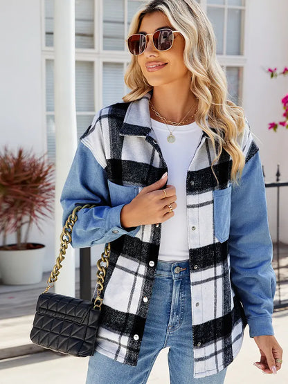Variant image for Women Denim Jacket Black and White Plaid | Trendsetter-1