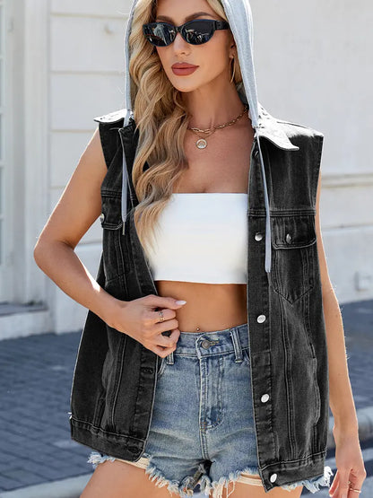 Women Hooded Denim Vest Jacket Blue Casual | Trendsetter-5