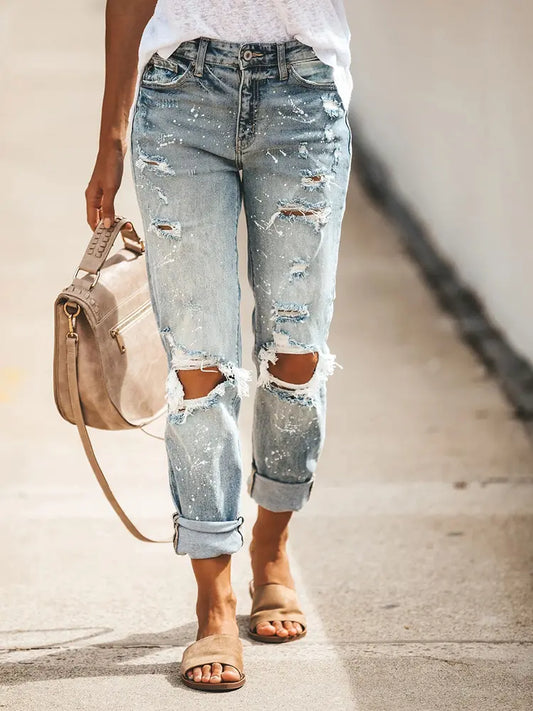 Women Cropped Denim Pants Blue Distressed | Urban Chic-1