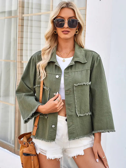 Women Denim Jacket Army Green Cotton | Ava-3