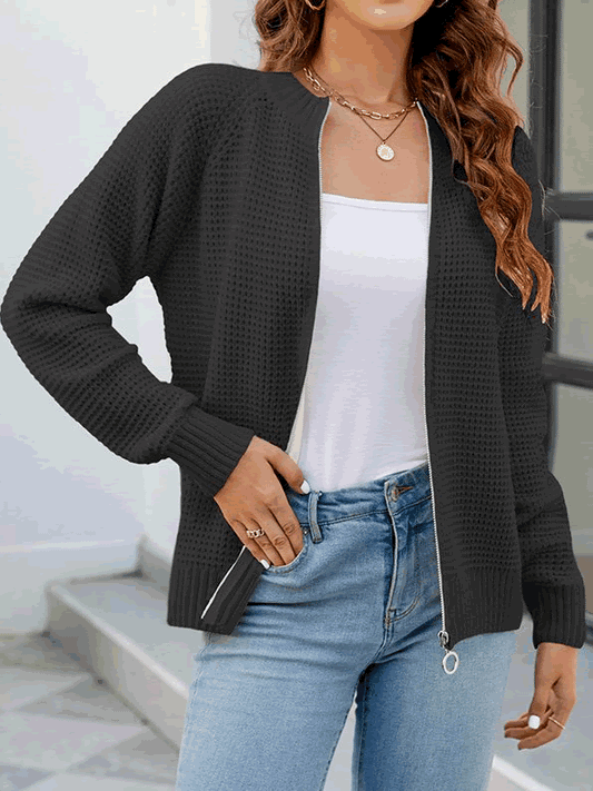 Women Waffle Knit Zip-Up Cardigan | Ryleigh