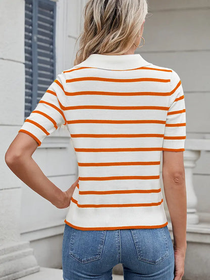 Women Short Sleeve Sweater Striped Knit | Classic Chic-2