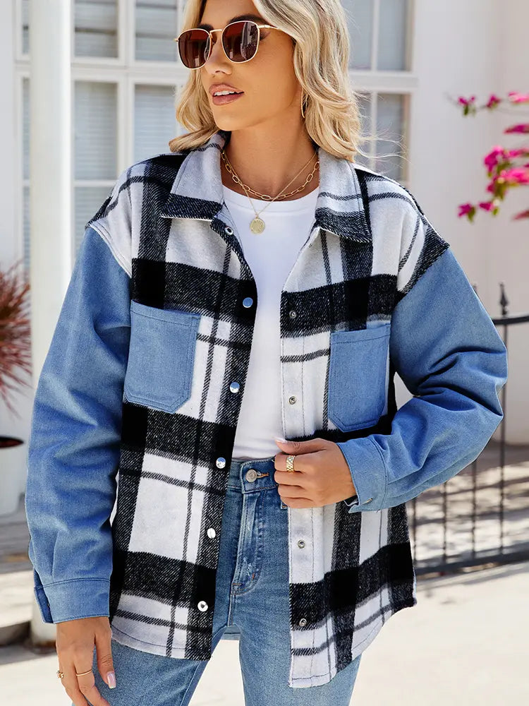 Women Denim Jacket Black and White Plaid | Trendsetter-2