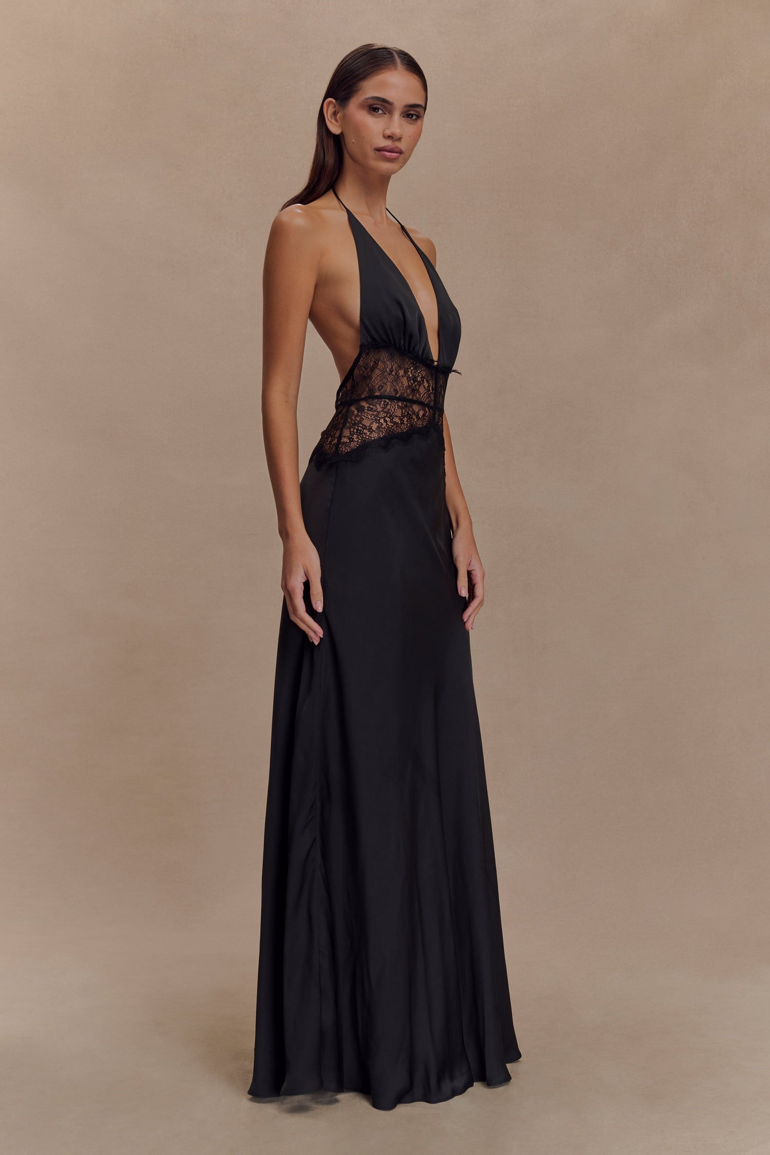Women Maxi Dress Black Lace Satin | Noiréa 1
