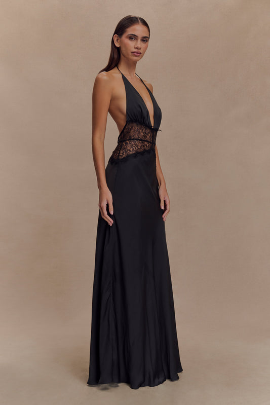 Women Maxi Dress Black Lace Satin | Noiréa 1