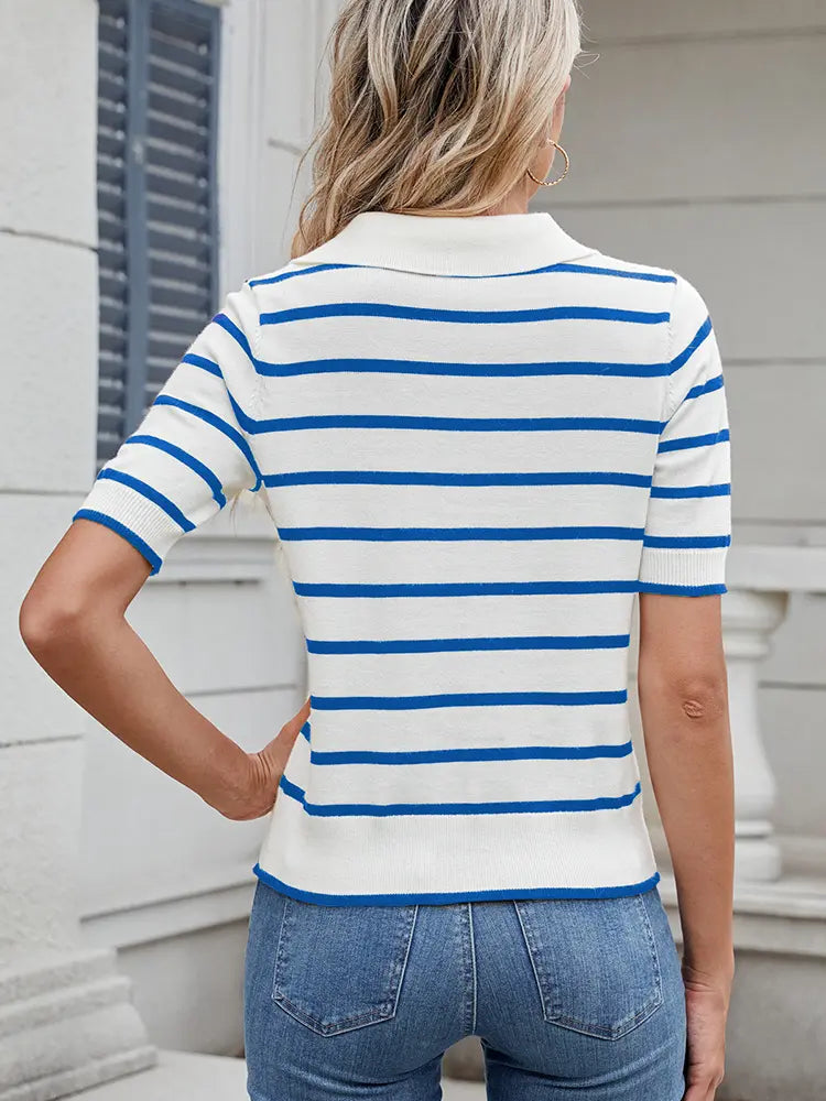 Women Short Sleeve Sweater Striped Knit | Classic Chic-4