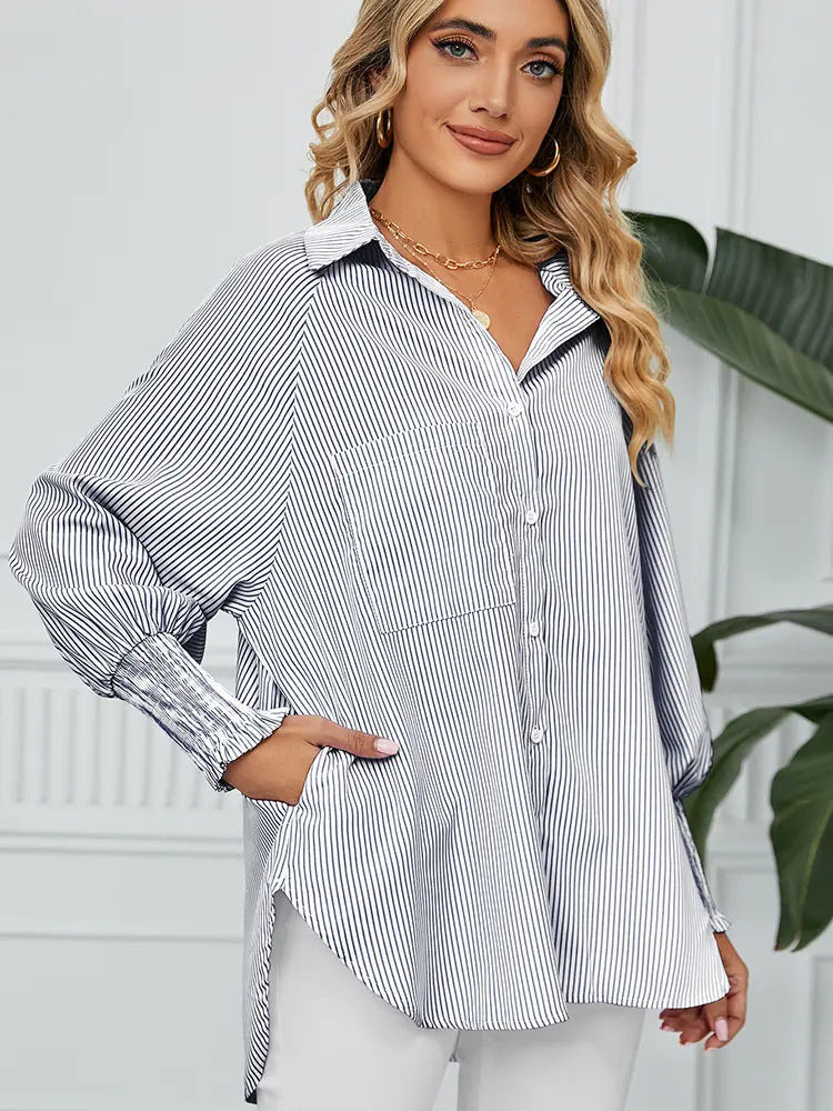 Women Loose-Fit Striped Blouse with Pleated Cuffs | Sophia-1