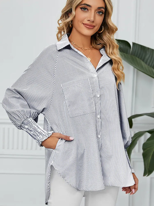 Women Loose-Fit Striped Blouse with Pleated Cuffs | Sophia-1