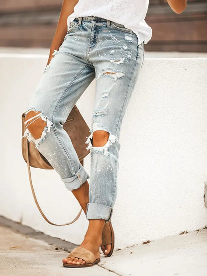 Women Cropped Denim Pants Blue Distressed | Urban Chic-3