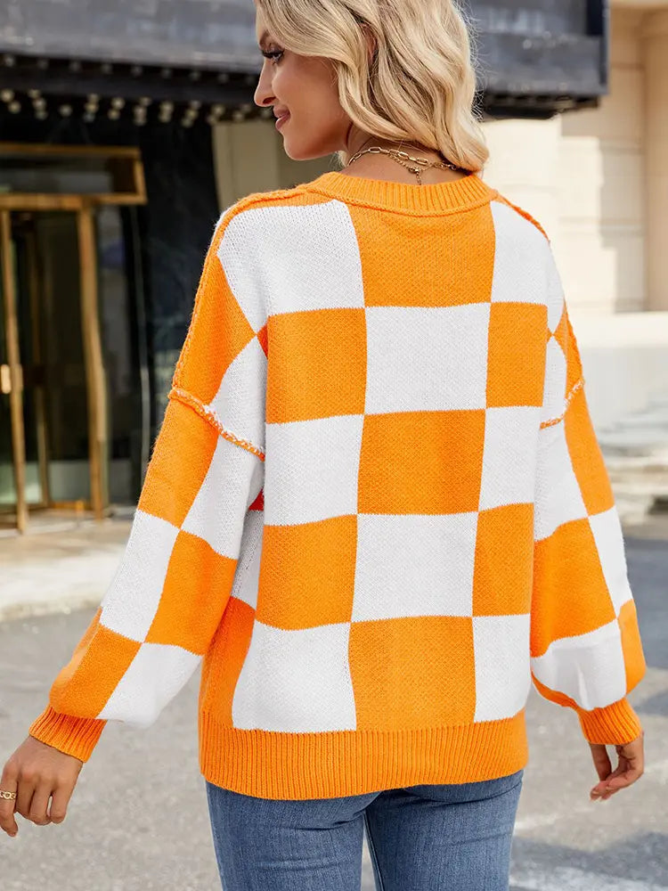 Women Pullover Sweater Plaid Color-Block Acrylic | Autumn Chic-2