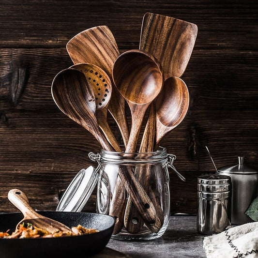 7-Piece Teak Wood Utensil Set – Non-Scratch Cooking Tools