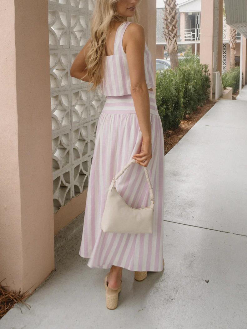 Women Two Piece Skirt Set Pink Striped Linen-Cotton Blend | Bella-2