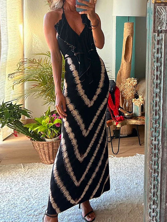 Women Ruffled Dress Geometric Wave Print | Nova-1