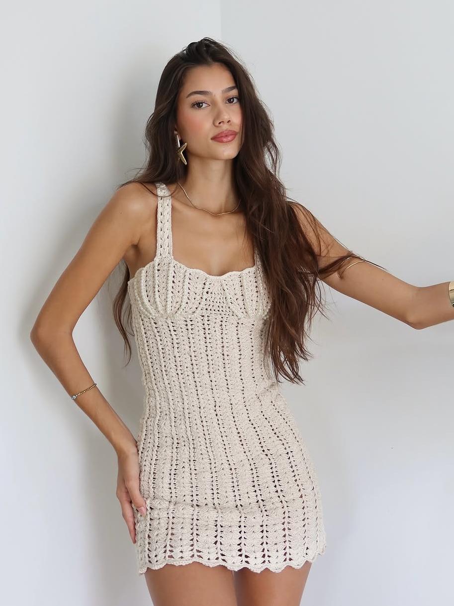 Women Mini Dress White Crochet Mesh | Bella-2