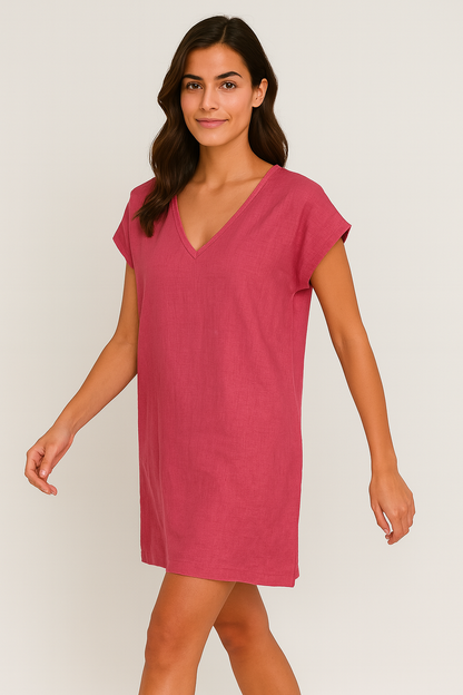 Women V-Neck Tunic Dress with Cap Sleeves | Mariselle