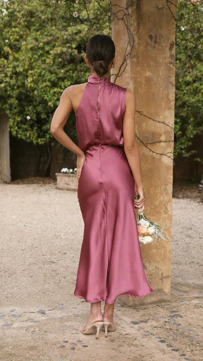 Satin Drape Neck Maxi Dress with Side Slit | Bea