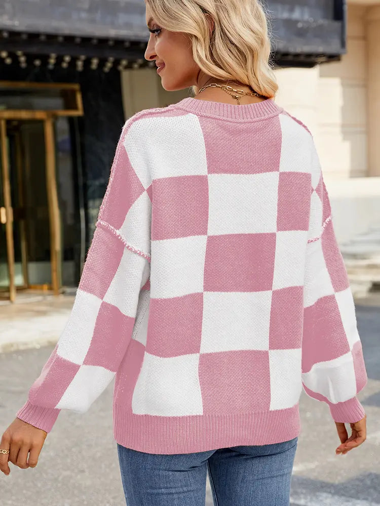Women Pullover Sweater Plaid Color-Block Acrylic | Autumn Chic-5