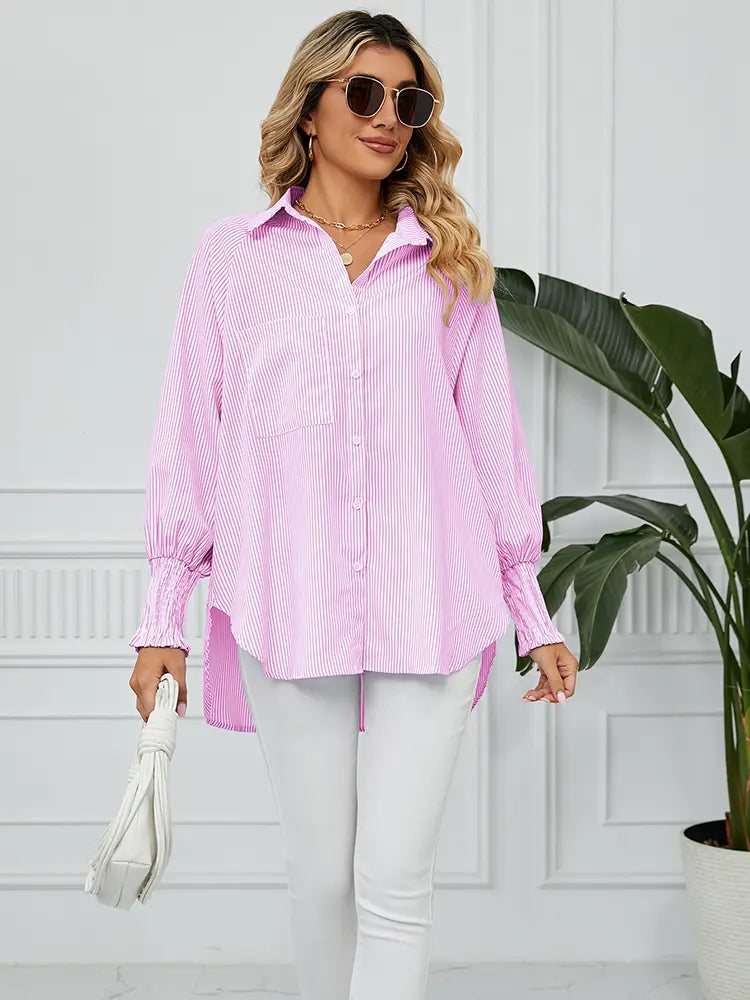 Women Loose-Fit Striped Blouse with Pleated Cuffs | Sophia-5