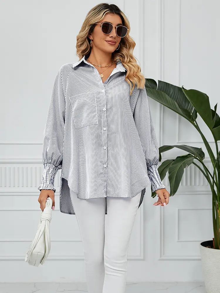 Women Loose-Fit Striped Blouse with Pleated Cuffs | Sophia-2