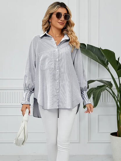 Women Loose-Fit Striped Blouse with Pleated Cuffs | Sophia-2