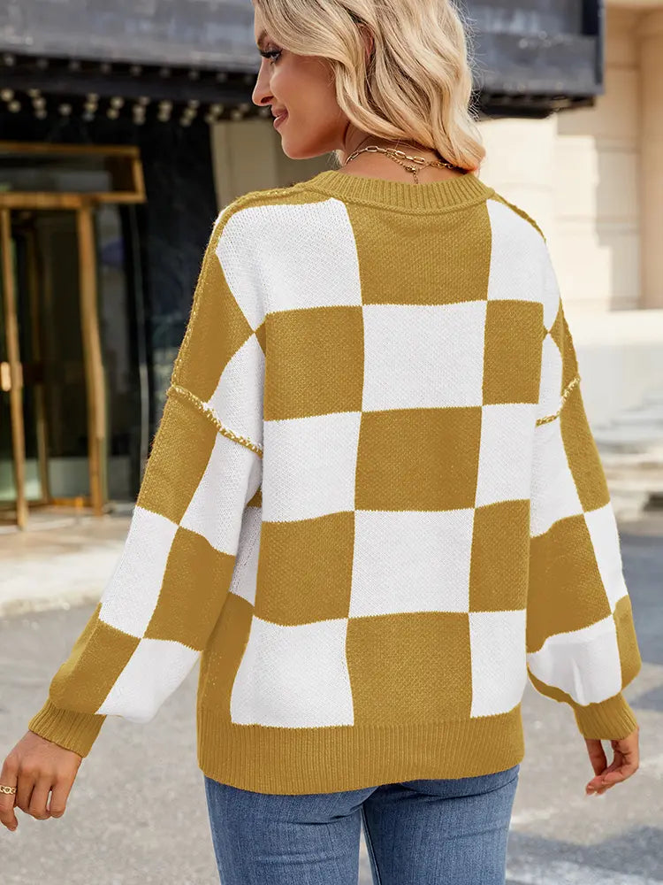 Women Pullover Sweater Plaid Color-Block Acrylic | Autumn Chic-6