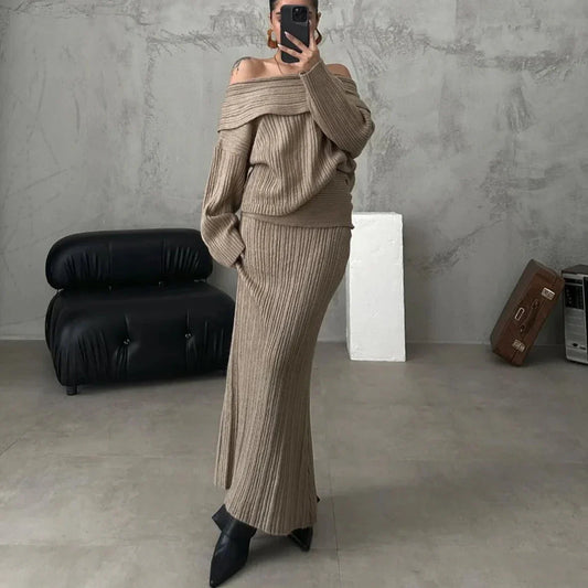 Women Off-the-Shoulder Sweater Set Knitted | Clara-1