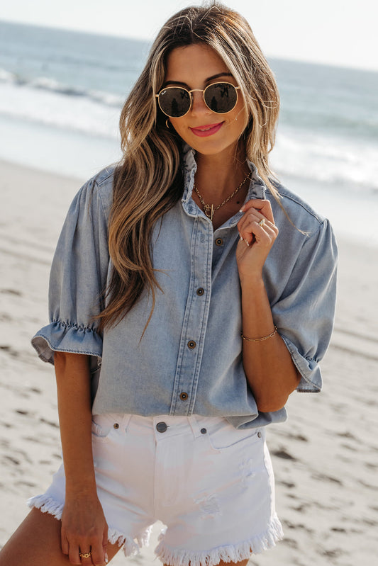 Women Ruffle Blouse Blue Chambray Lightweight | Summer Breeze-1